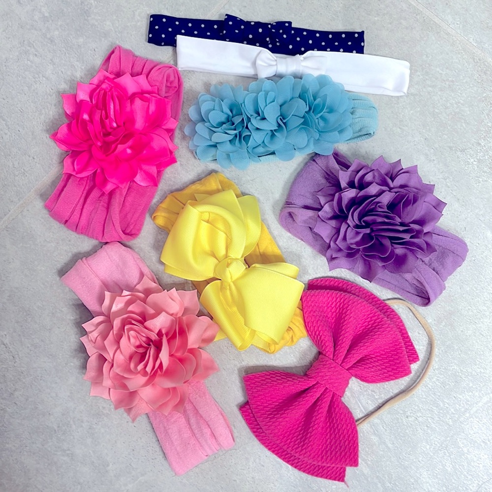 Toddler baby girl headband lot bows flower multi color pretty set of 6 + 2 bonus